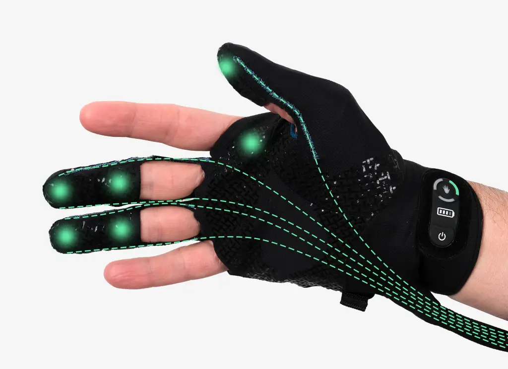 Advanced prosthetic glove showcasing integrated sensors and artificial tendons, designed to enhance hand mobility and strength.