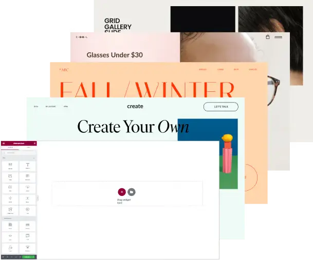 Kollage av Elementor mallar och teman som visar mångsidigheten och anpassningsbarheten för webbutveckling.