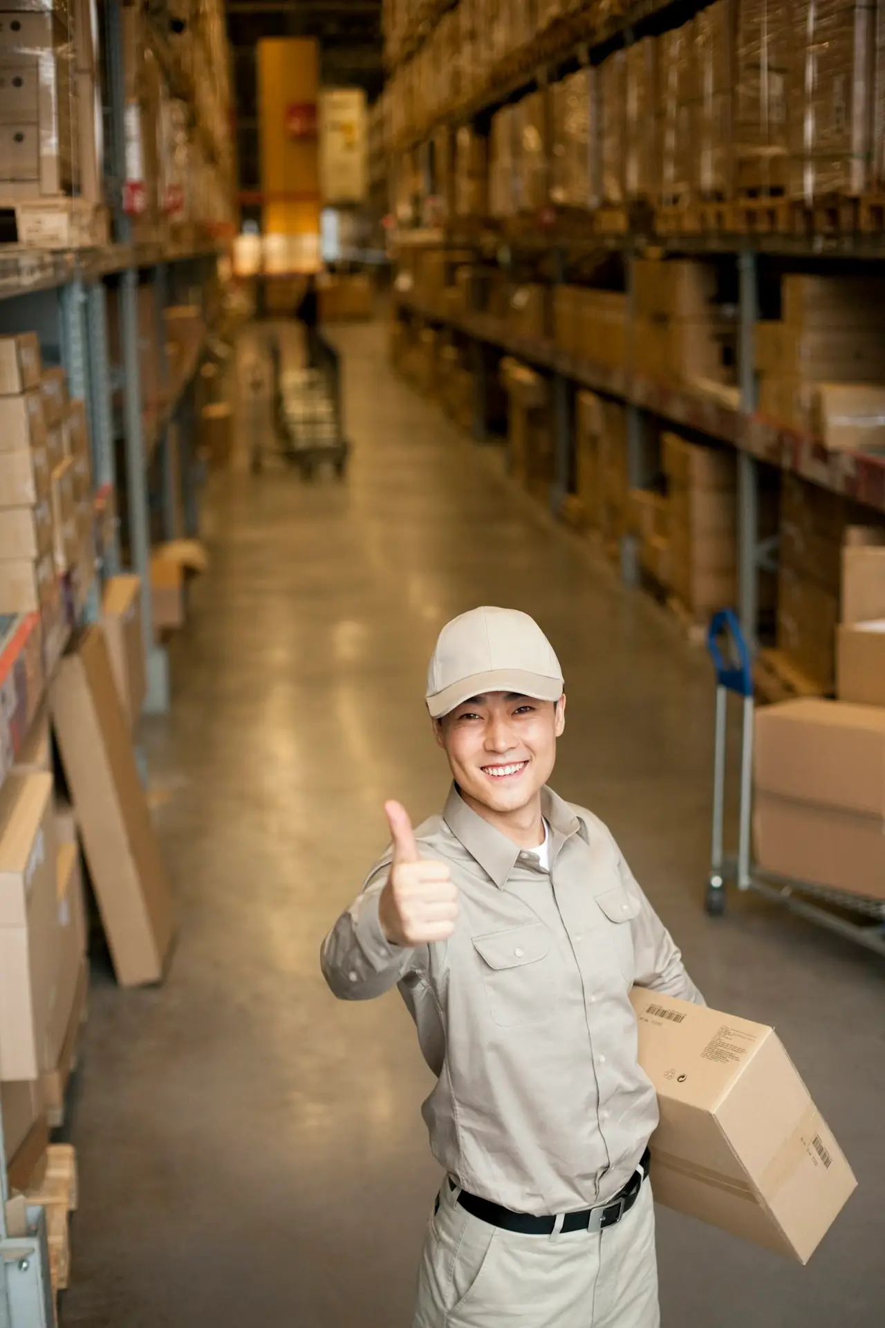 Male Chinese warehouse worker giving the thumbs up