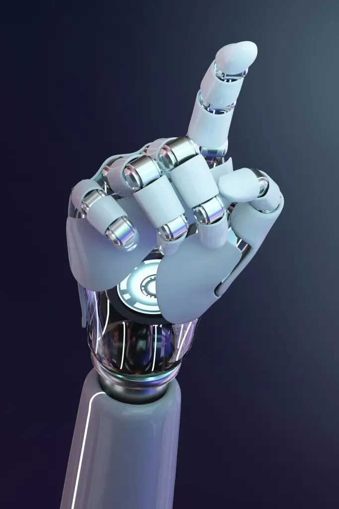 Cyborg hand finger pointing, technology of artificial intelligence